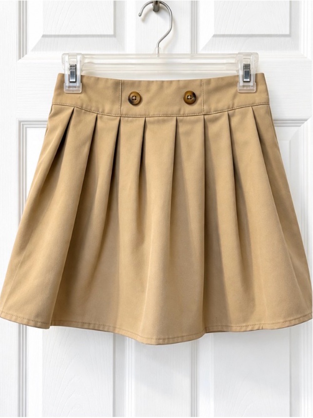 French Toast Tan Pleated Skater Skirt with Button Detail